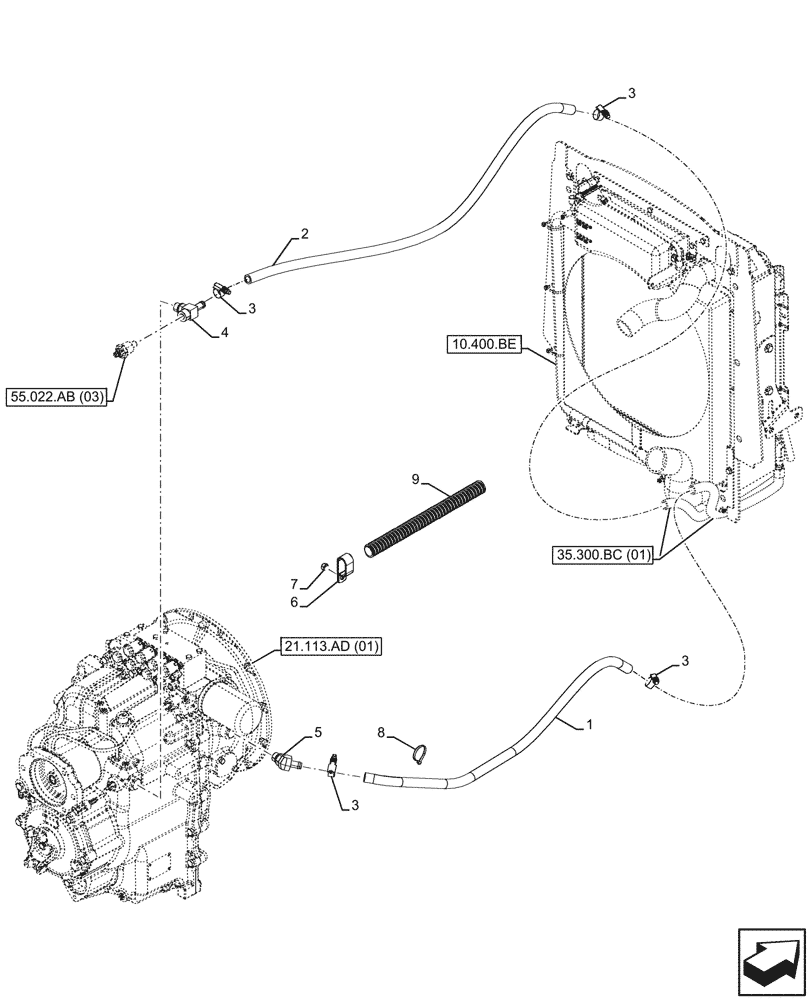 Схема запчастей Case 590SN - (21.105.AQ) - VAR - 423062 - TRANSMISSION, POWERSHIFT, OIL COOLER LINE, 4WD (21) - TRANSMISSION