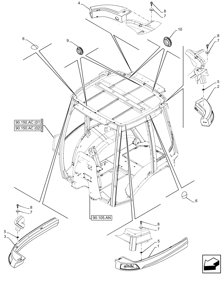 Схема запчастей Case 590SN - (90.150.BG) - VAR - 747853, 747854, 747855 - CAB ROOF, LIGHT (90) - PLATFORM, CAB, BODYWORK AND DECALS