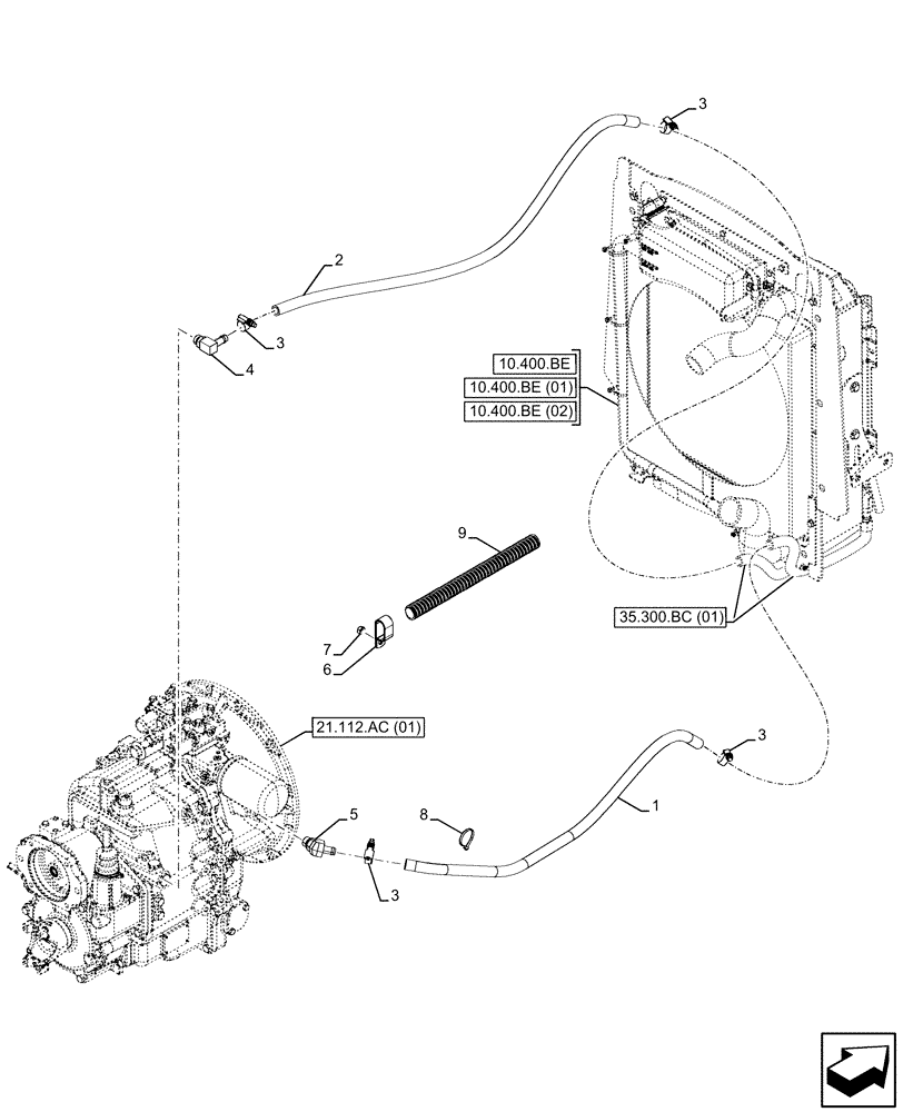 Схема запчастей Case 580SN - (21.104.AL) - VAR - 423058 - TRANSMISSION, POWERSHUTTLE, OIL COOLER LINE (21) - TRANSMISSION