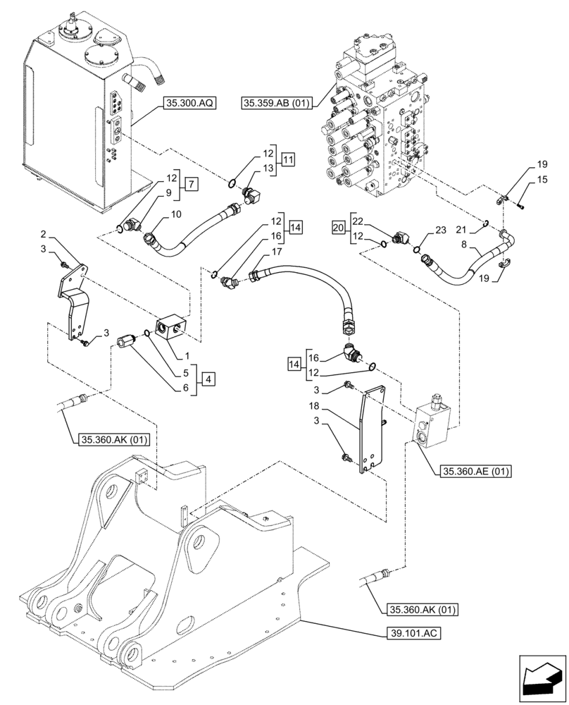 Схема запчастей Case CX300D LC - (35.360.AB[01]) - VAR - 461561 - 461563 - 461865 - HAMMER CIRCUIT, LINES (35) - HYDRAULIC SYSTEMS