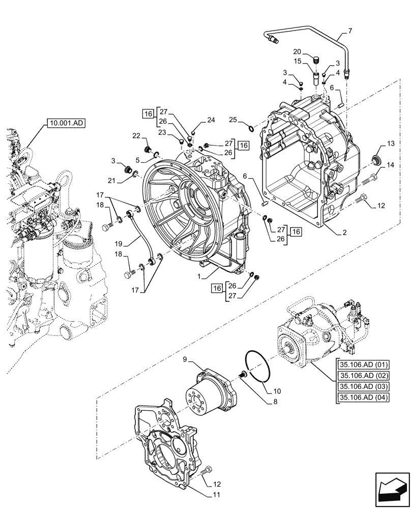 Схема запчастей Case 590SN - (21.112.AC[02]) - VAR - 423058 - TRANSMISSION, POWERSHUTTLE, HOUSING, 2WD (21) - TRANSMISSION