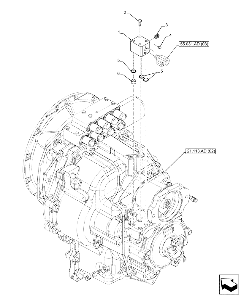 Схема запчастей Case 580SN WT - (33.110.AT[03]) - VAR - 423062 - TRANSMISSION, POWERSHIFT, PARKING BRAKE, CONTROL VALVE, 4WD (33) - BRAKES & CONTROLS