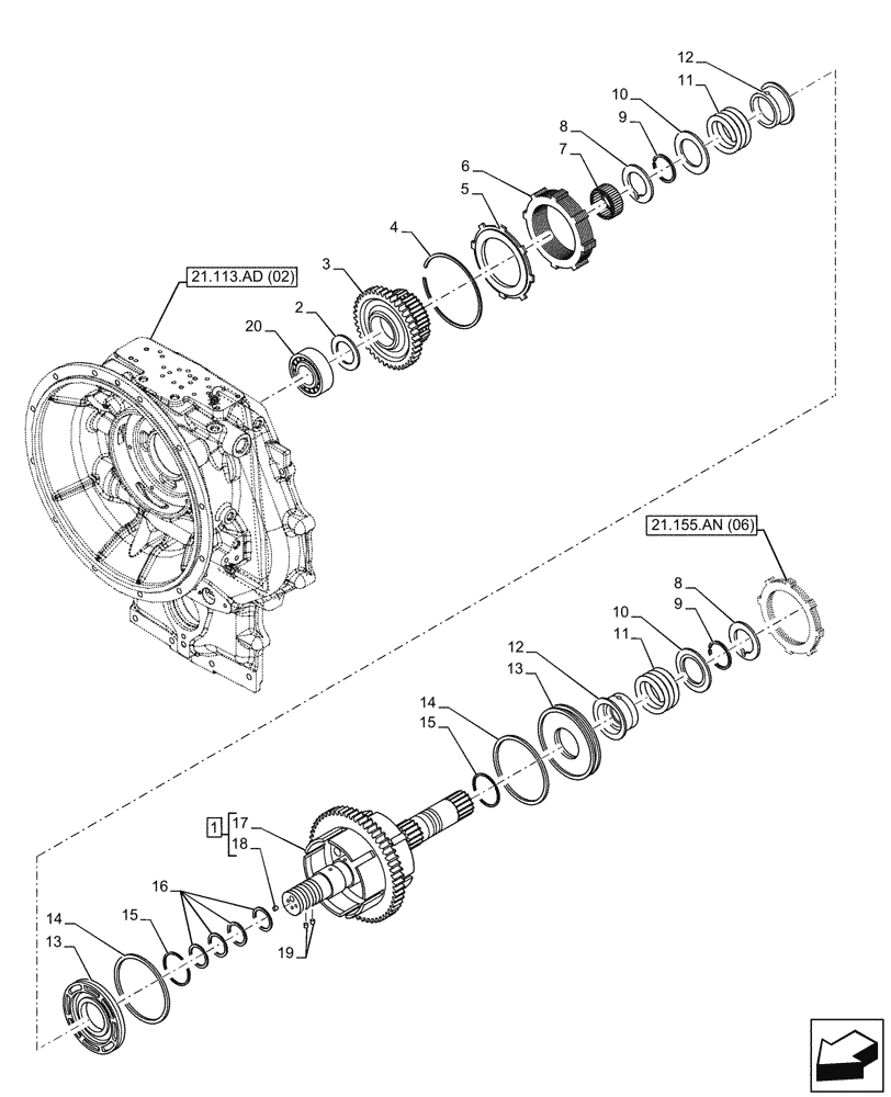 Схема запчастей Case 580SN - (21.155.AN[05]) - VAR - 423062 - TRANSMISSION, POWERSHIFT, DRIVE SHAFT, DRIVEN SHAFT (21) - TRANSMISSION