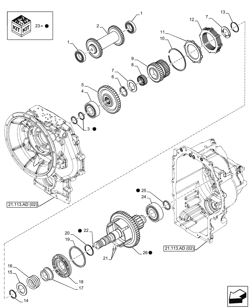 Схема запчастей Case 580SN WT - (21.155.AN[04]) - VAR - 423062 - TRANSMISSION, POWERSHIFT, PRIMARY SHAFT (21) - TRANSMISSION