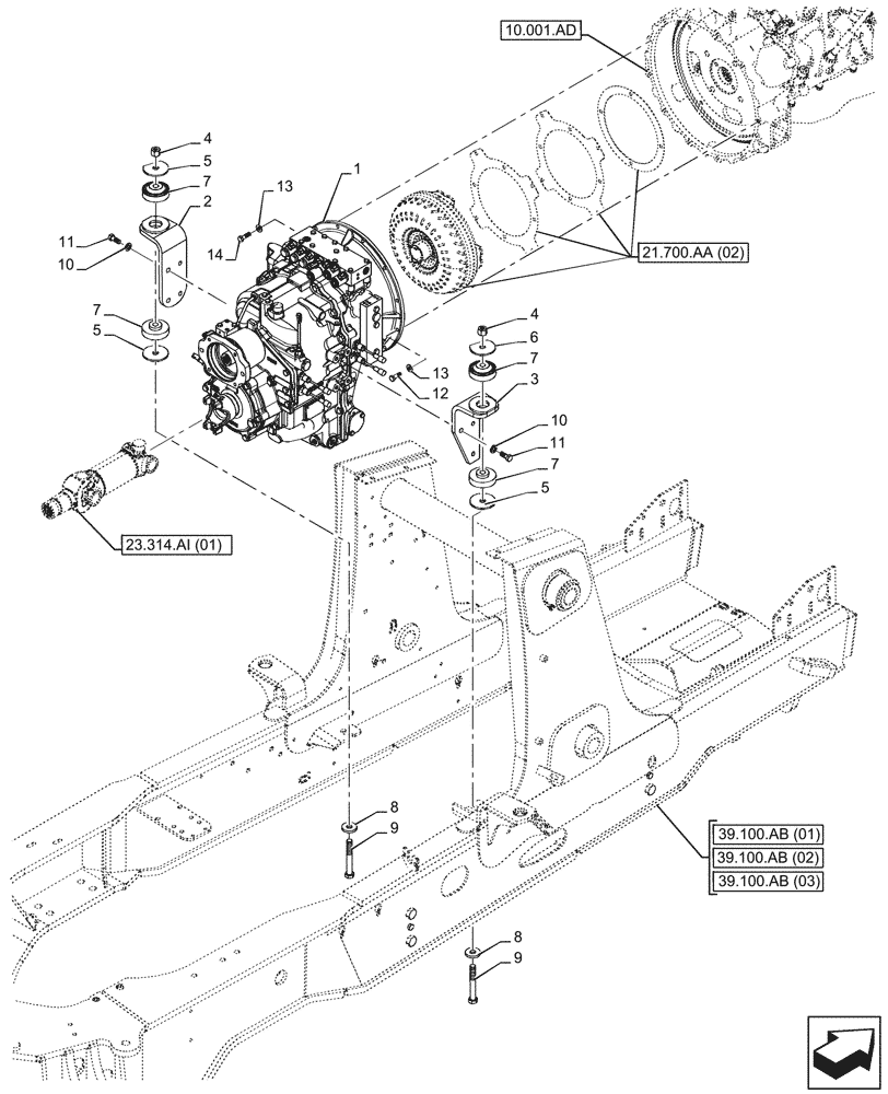 Схема запчастей Case 580SN WT - (21.111.AC[01]) - VAR - 423061 - TRANSMISSION, SEMI-POWERSHIFT, SUPPORT, 4WD (21) - TRANSMISSION