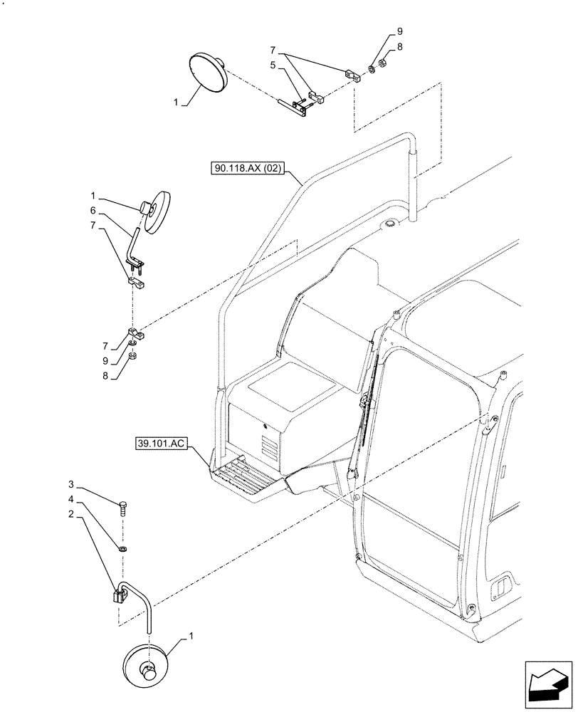 Схема запчастей Case CX130D - (90.118.BM) - REAR VIEW MIRROR, OUTSIDE (90) - PLATFORM, CAB, BODYWORK AND DECALS