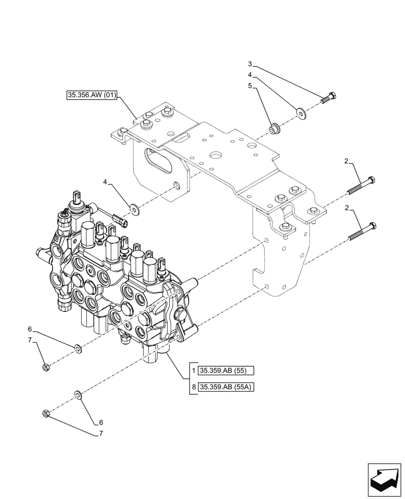 Схема запчастей Case 580SN - (35.359.AB[05]) - BACKHOE CONTROL VALVE, 7-SPOOL, MOUNTING PARTS, STANDARD DIPPER, W/ TWO LEVER CONTROLS (35) - HYDRAULIC SYSTEMS