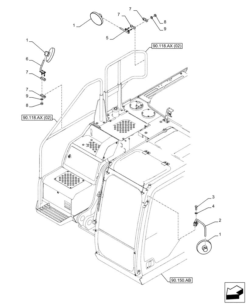 Схема запчастей Case CX160D LC - (90.118.BM) - REAR VIEW MIRROR, OUTSIDE (90) - PLATFORM, CAB, BODYWORK AND DECALS
