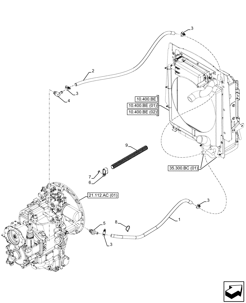 Схема запчастей Case 590SN - (21.104.AL) - VAR - 423059 - TRANSMISSION, POWERSHUTTLE, OIL COOLER LINE (21) - TRANSMISSION