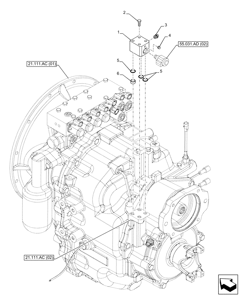 Схема запчастей Case 580SN - (33.110.AT[02]) - VAR - 423060, 423061 - TRANSMISSION, SEMI-POWERSHIFT, PARKING BRAKE, CONTROL VALVE, 2WD (33) - BRAKES & CONTROLS