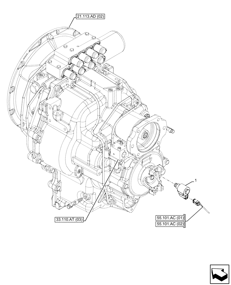 Схема запчастей Case 580SN WT - (55.031.AD[03]) - VAR - 423062 - TRANSMISSION, POWERSHIFT, PARKING BRAKE, CONTROL VALVE, SOLENOID (55) - ELECTRICAL SYSTEMS