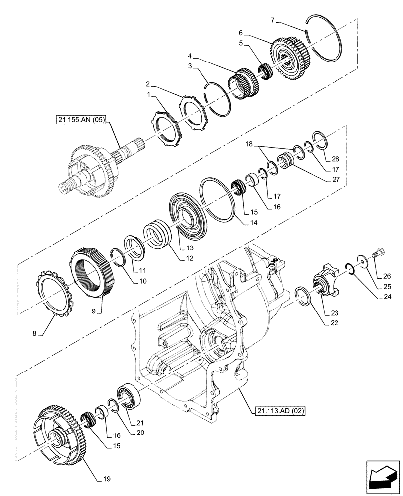 Схема запчастей Case 580SN - (21.155.AN[06]) - VAR - 423062 - TRANSMISSION, POWERSHIFT, SECONDARY SHAFT (21) - TRANSMISSION