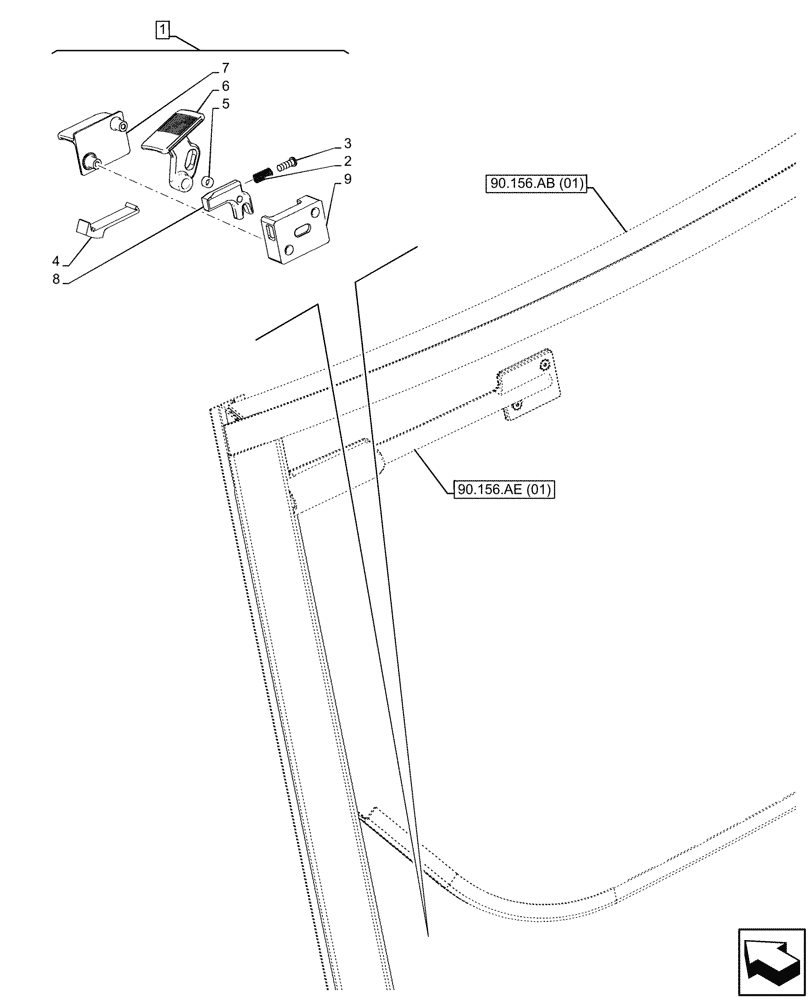 Схема запчастей Case 590SN - (90.156.AA[04]) - VAR - 747853, 747854, 747855 - CAB, WINDOW, REAR, LATCH, RH, MIDDLE POSITION (90) - PLATFORM, CAB, BODYWORK AND DECALS