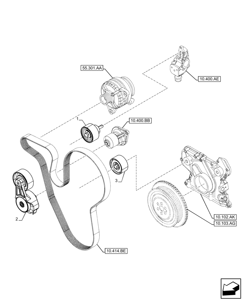 Схема запчастей Case F4HFE6136 B003 - (10.414.AE) - BELT TENSIONER (10) - ENGINE