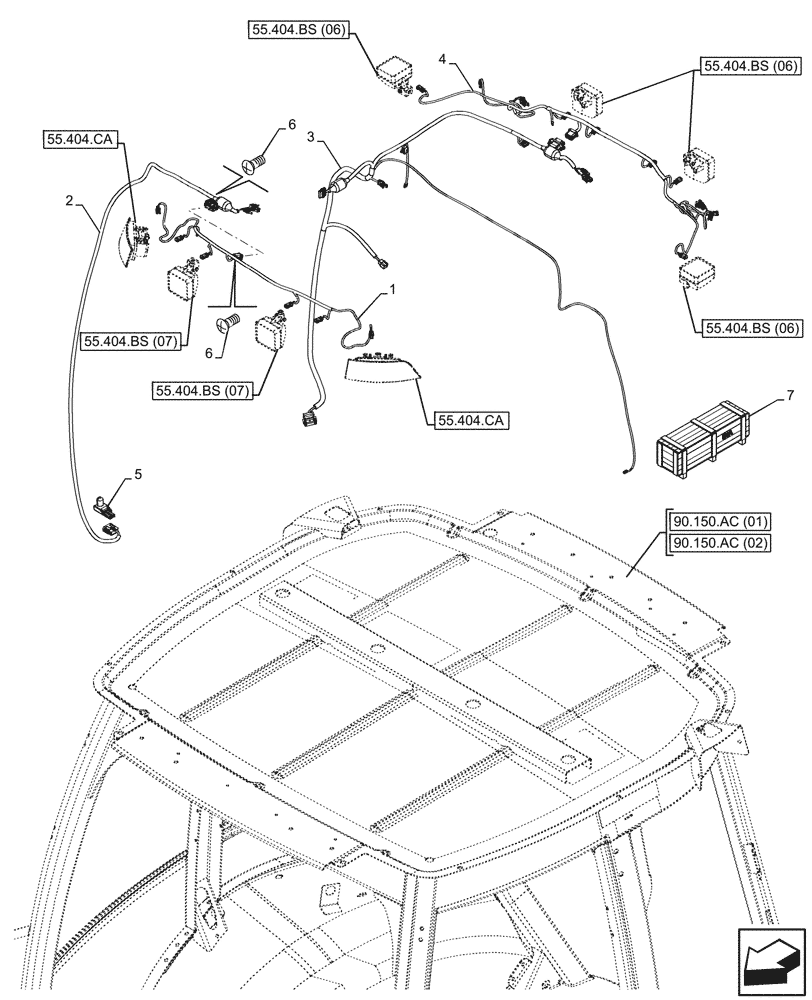 Схема запчастей Case 580SN WT - (55.510.AH) - VAR - 747853, 747854, 747855 - CAB ROOF, WIRE HARNESS (55) - ELECTRICAL SYSTEMS