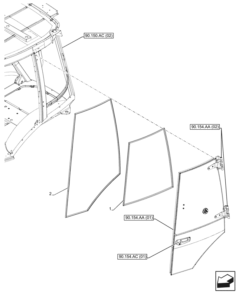 Схема запчастей Case 580SN - (90.154.AH[01]) - VAR - 747853 - CAB DOOR, SEAL, LH (90) - PLATFORM, CAB, BODYWORK AND DECALS