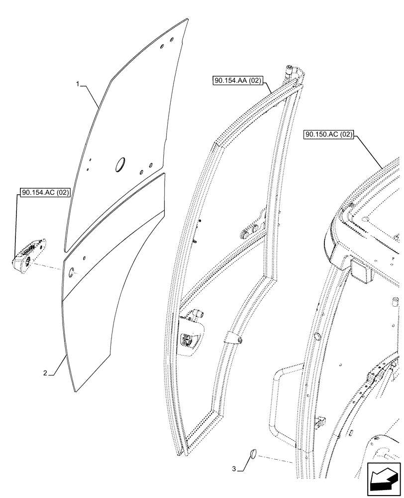 Схема запчастей Case 590SN - (90.154.AV[02]) - VAR - 747853 - CAB DOOR, GLASS (90) - PLATFORM, CAB, BODYWORK AND DECALS