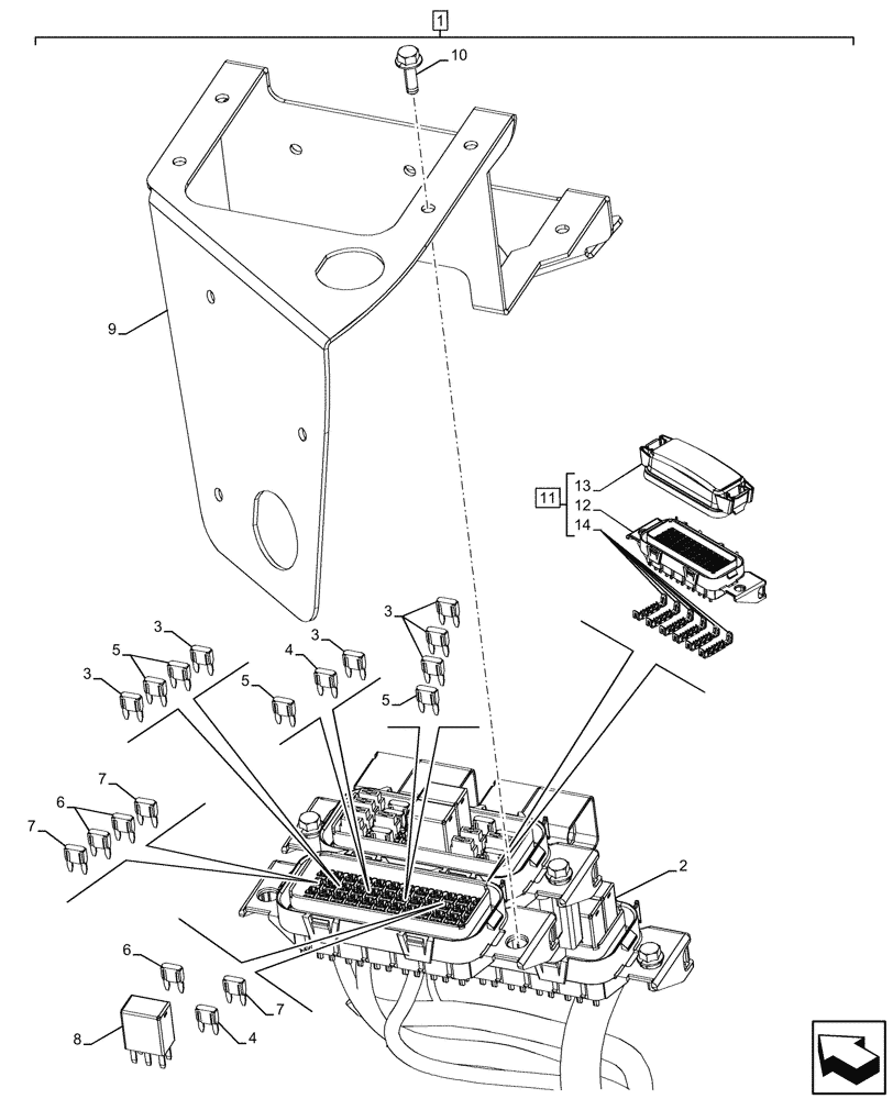 Схема запчастей Case 580SN - (55.100.DO[03]) - VAR - 423058, 423059 - SIDE PANEL, RH, WIRE HARNESS, RELAY, FUSE BOX (55) - ELECTRICAL SYSTEMS