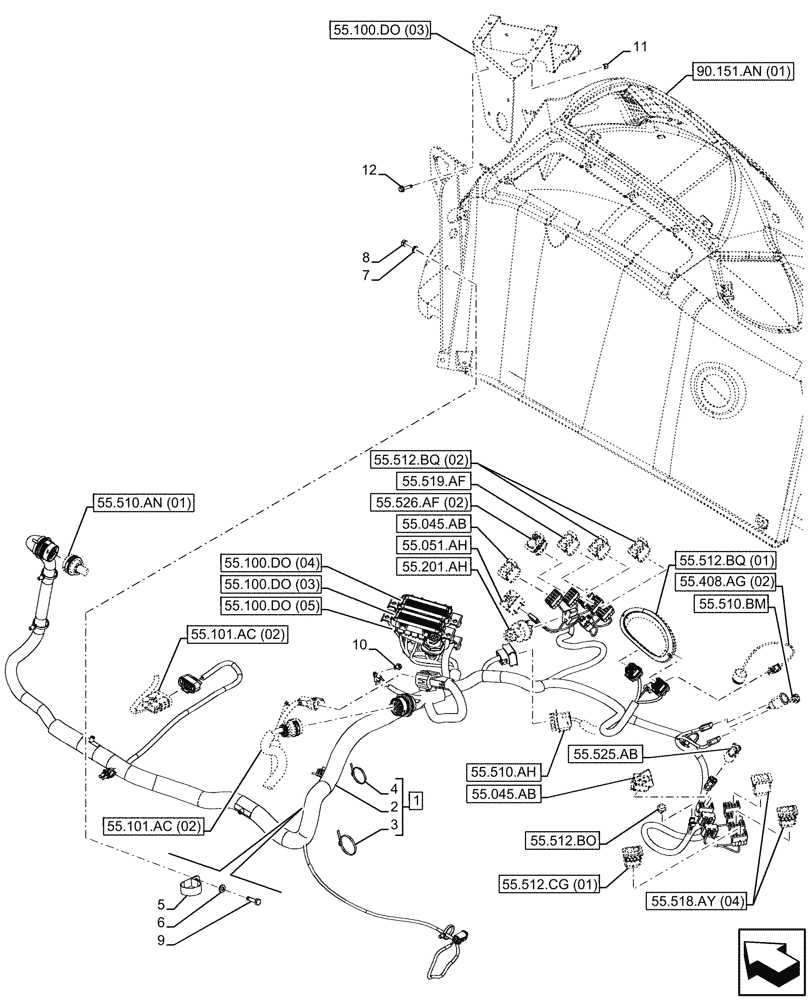 Схема запчастей Case 580SN - (55.510.AG[01]) - VAR - 423058, 423059 - SIDE PANEL, RH, WIRE HARNESS (55) - ELECTRICAL SYSTEMS