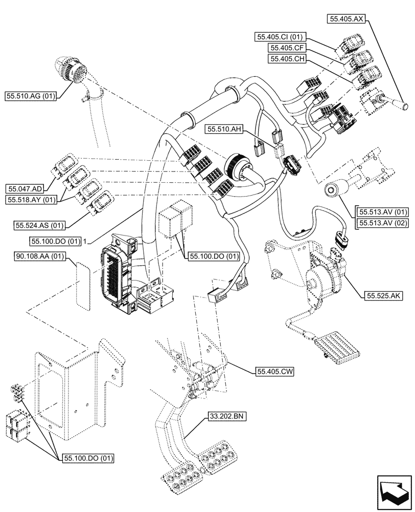 Схема запчастей Case 590SN - (55.510.AN[01]) - VAR - 423058, 423059 - FRONT, PANEL, WIRE HARNESS (55) - ELECTRICAL SYSTEMS