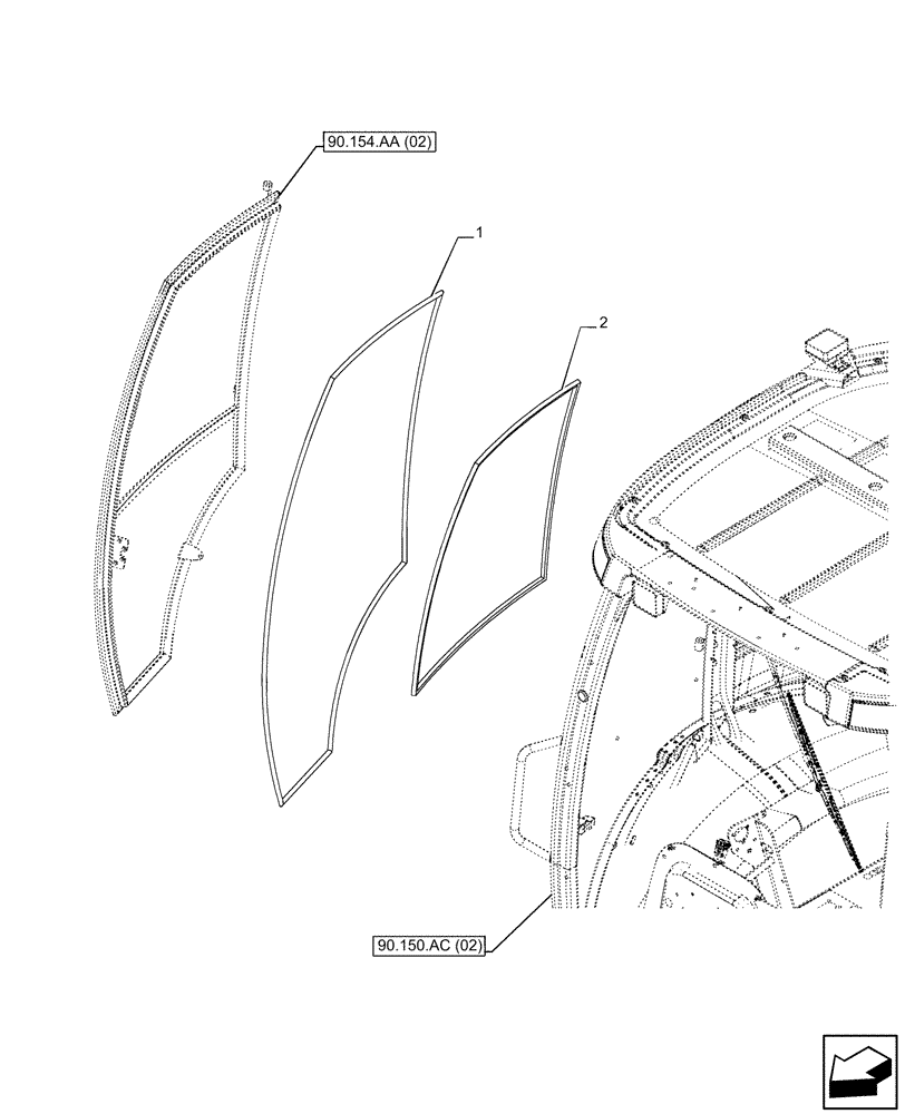 Схема запчастей Case 580SN - (90.154.AH[02]) - VAR - 747853 - CAB DOOR, SEAL, RH (90) - PLATFORM, CAB, BODYWORK AND DECALS