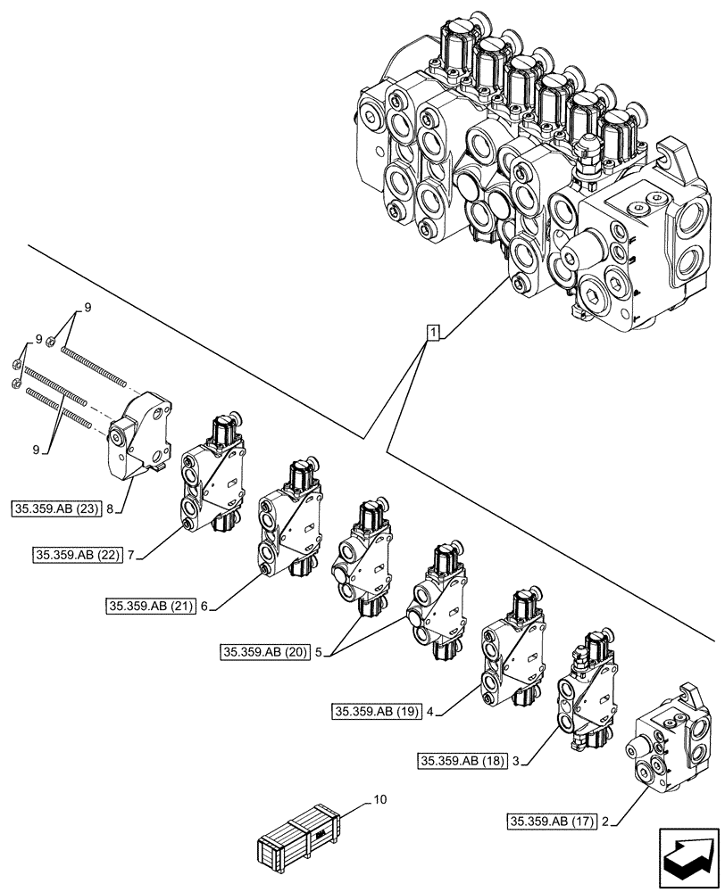 Схема запчастей Case 580SN WT - (35.359.AB[13]) - BACKHOE CONTROL VALVE, 6-SPOOL, STANDARD DIPPER, W/ PILOT CONTROLS (35) - HYDRAULIC SYSTEMS