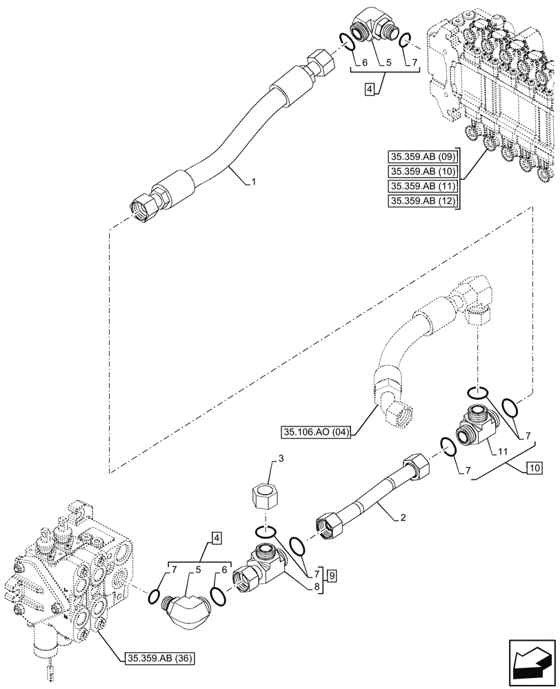 Схема запчастей Case 580SN - (35.359.AE[14]) - LOADER, CONTROL VALVE LINE, BACKHOE CONTROL VALVE (35) - HYDRAULIC SYSTEMS