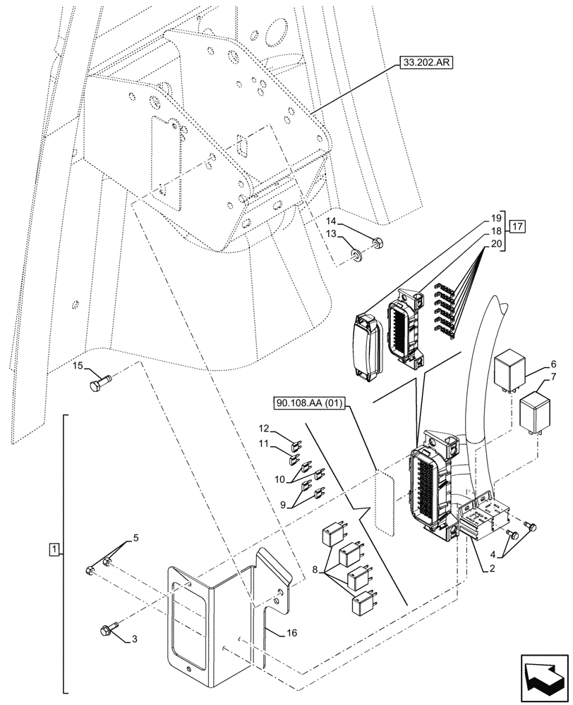 Схема запчастей Case 590SN - (55.100.DO[01]) - VAR - 423058, 423059 - FRONT, PANEL, WIRE HARNESS, RELAY, FUSE BOX (55) - ELECTRICAL SYSTEMS