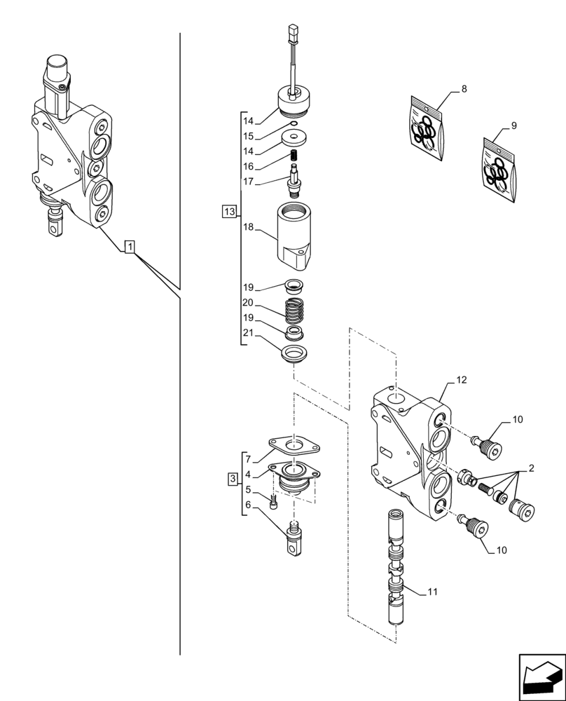 Схема запчастей Case 590SN - (35.359.AB[42]) - VAR. - 747864 - LOADER, CONTROL VALVE, PILOT CONTROLS, 3-SPOOL, LOADER BUCKET, VALVE SECTION (35) - HYDRAULIC SYSTEMS