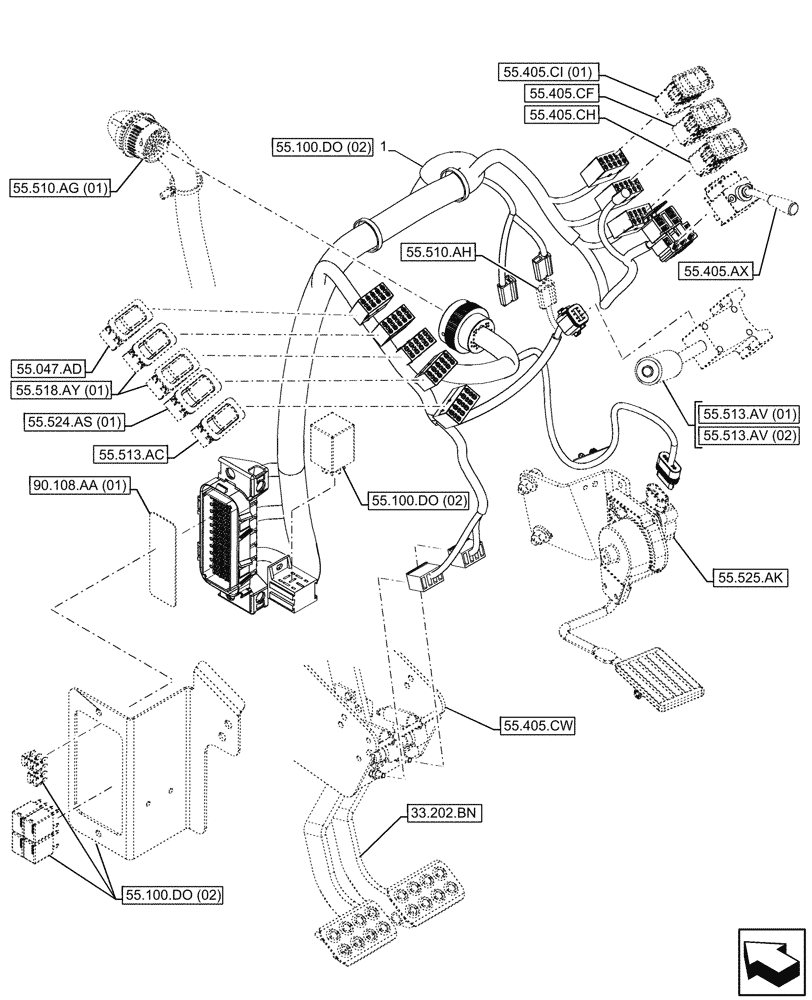 Схема запчастей Case 580SN - (55.510.AN[02]) - VAR - 423060, 423061, 423062 - FRONT, PANEL, WIRE HARNESS (55) - ELECTRICAL SYSTEMS