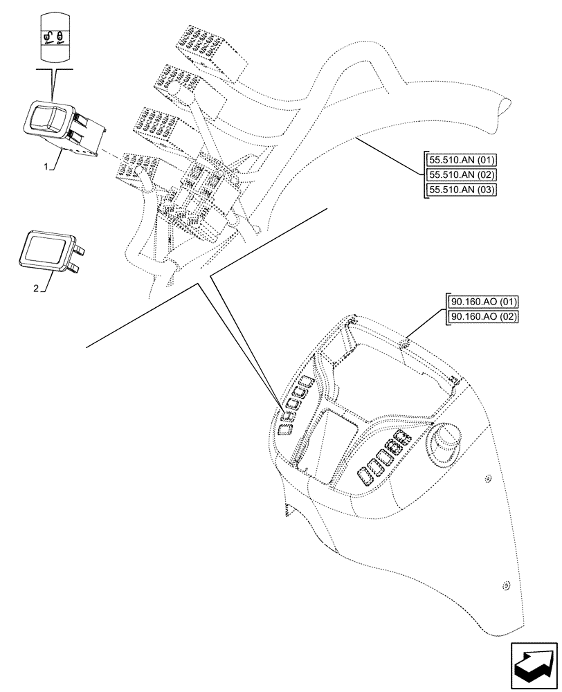 Схема запчастей Case 580SN WT - (55.524.AS[01]) - VAR - 423049 - LOADER, QUICK COUPLER, SWITCH (55) - ELECTRICAL SYSTEMS