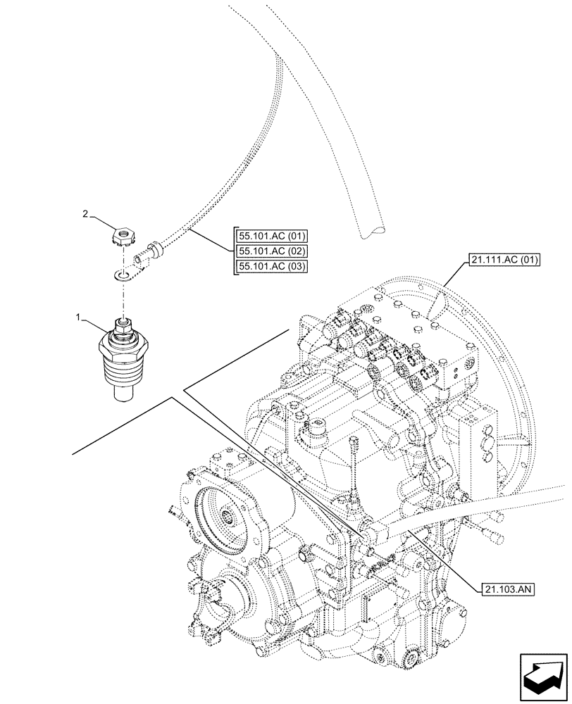 Схема запчастей Case 580SN WT - (55.022.AB[02]) - TRANSMISSION, SEMI-POWERSHIFT, TEMPERATURE SENDER (55) - ELECTRICAL SYSTEMS