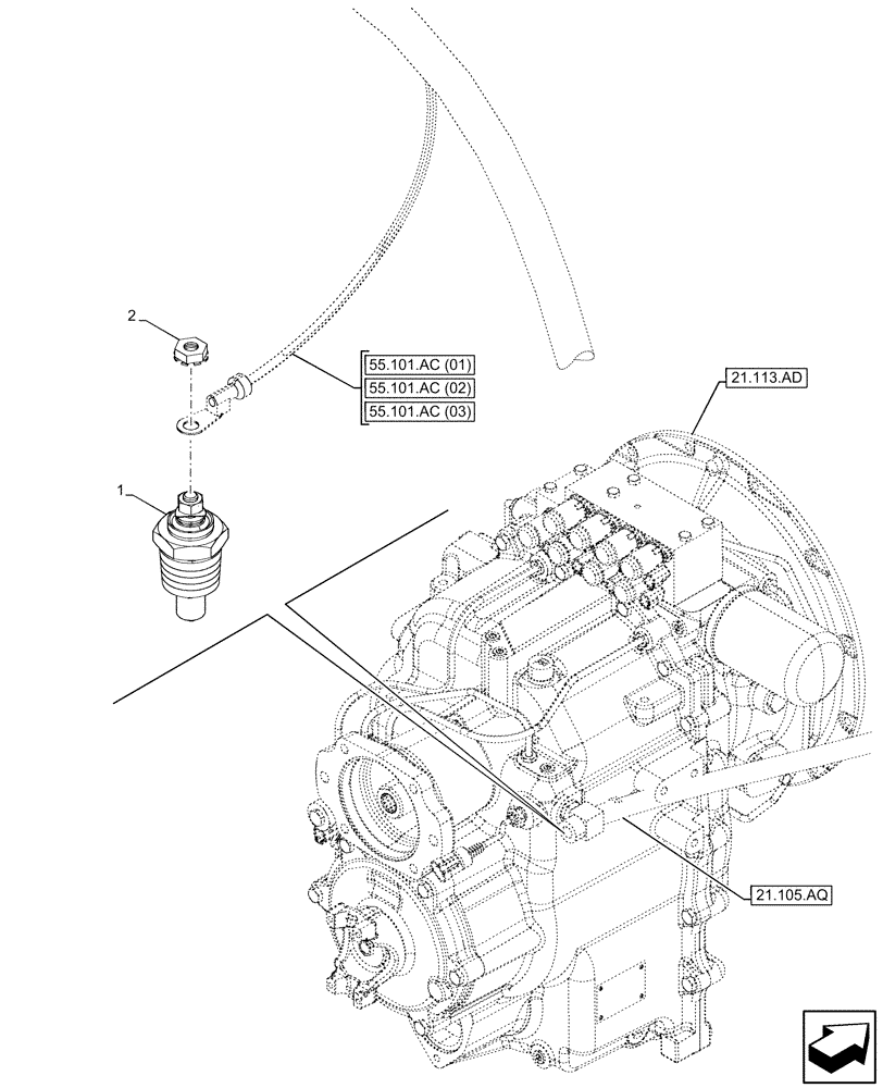 Схема запчастей Case 580SN WT - (55.022.AB[03]) - TRANSMISSION, POWERSHIFT, TEMPERATURE SENDER (55) - ELECTRICAL SYSTEMS