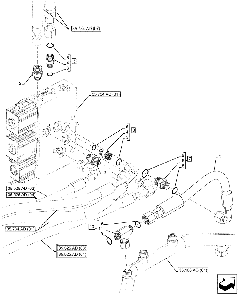 Схема запчастей Case 580SN - (35.734.AD[10]) - QUICK COUPLER, VALVE, HYDRAULIC LINE (35) - HYDRAULIC SYSTEMS