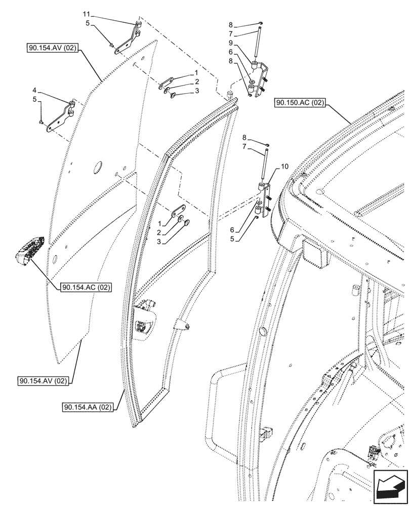 Схема запчастей Case 580SN - (90.154.AE[02]) - VAR - 747853 - CAB DOOR, HINGE, RH (90) - PLATFORM, CAB, BODYWORK AND DECALS