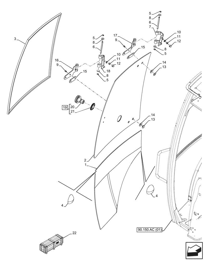 Схема запчастей Case 590SN - (90.156.AZ) - VAR - 747854, 747855 - CAB GLASS, RIGHT SIDE (90) - PLATFORM, CAB, BODYWORK AND DECALS