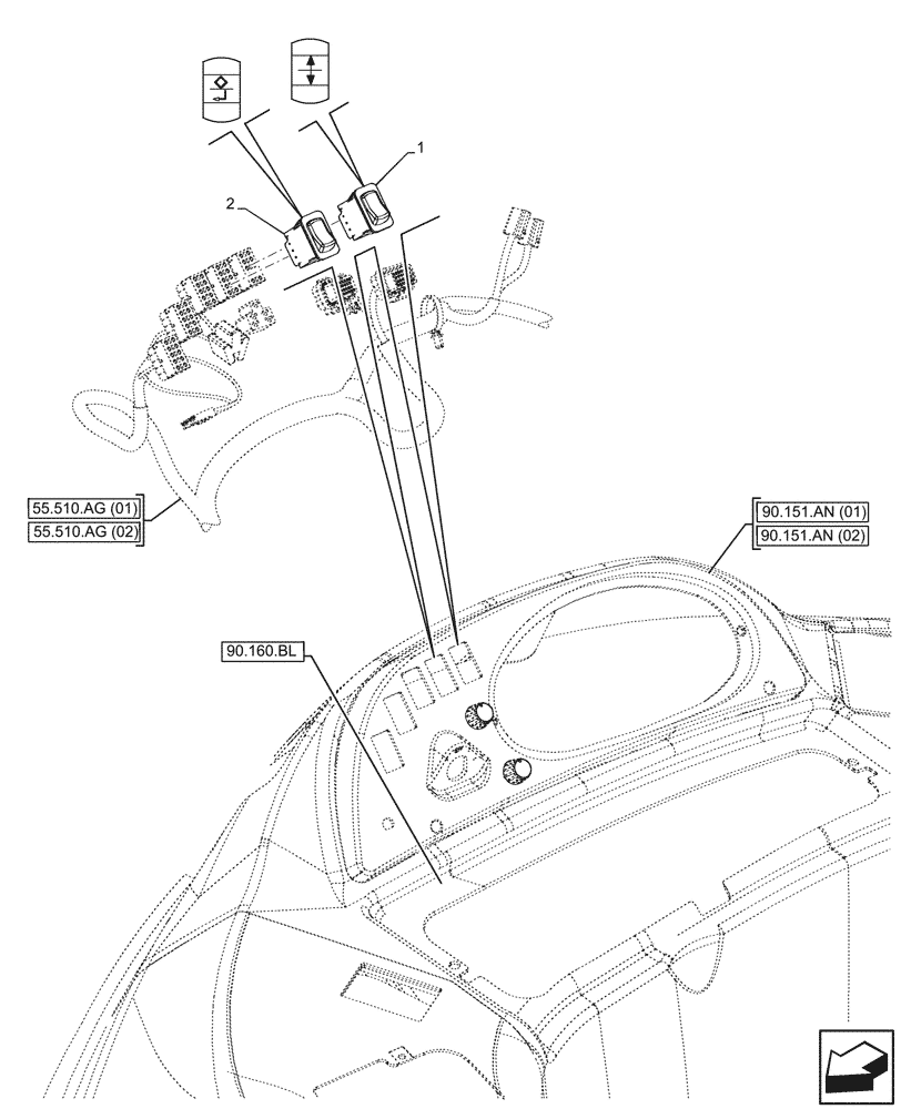 Схема запчастей Case 580SN WT - (55.512.BQ[02]) - INSTRUMENT CLUSTER, MULTIFUNCTION SWITCH (55) - ELECTRICAL SYSTEMS