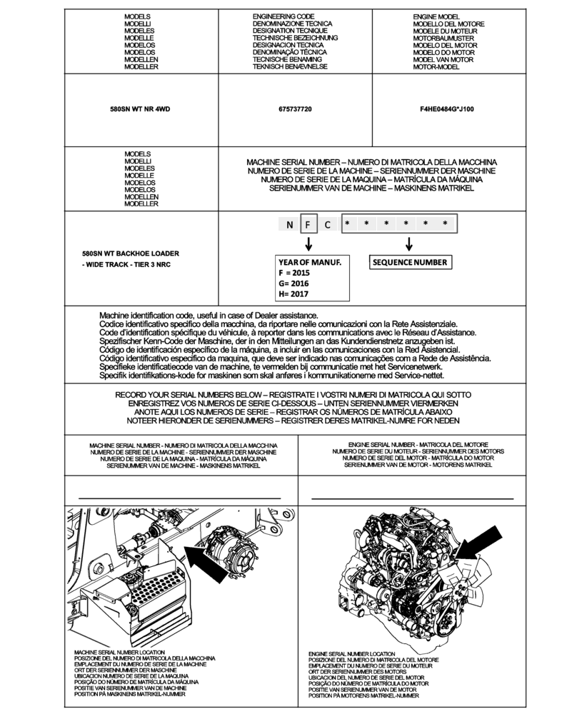 Схема запчастей Case 580SN WT - (00.100.01) - IDENTIFICATION PLATES AND VERSION LIST (00) - GENERAL & PICTORIAL INDEX