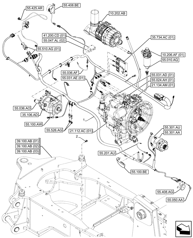 Схема запчастей Case 580SN WT - (55.101.AC[01]) - VAR - 423058, 423059 - FRAME, WIRE HARNESS (55) - ELECTRICAL SYSTEMS