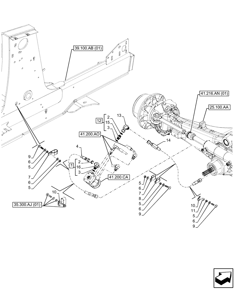 Схема запчастей Case 590SN - (41.216.AV) - HYDRAULIC STEERING, CYLINDER, LINES (41) - STEERING