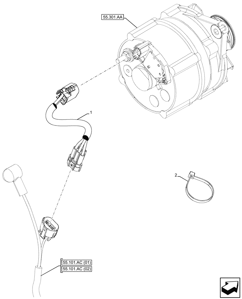 Схема запчастей Case 580SN - (55.301.AU) - ALTERNATOR, WIRE HARNESS, JUMPER (55) - ELECTRICAL SYSTEMS