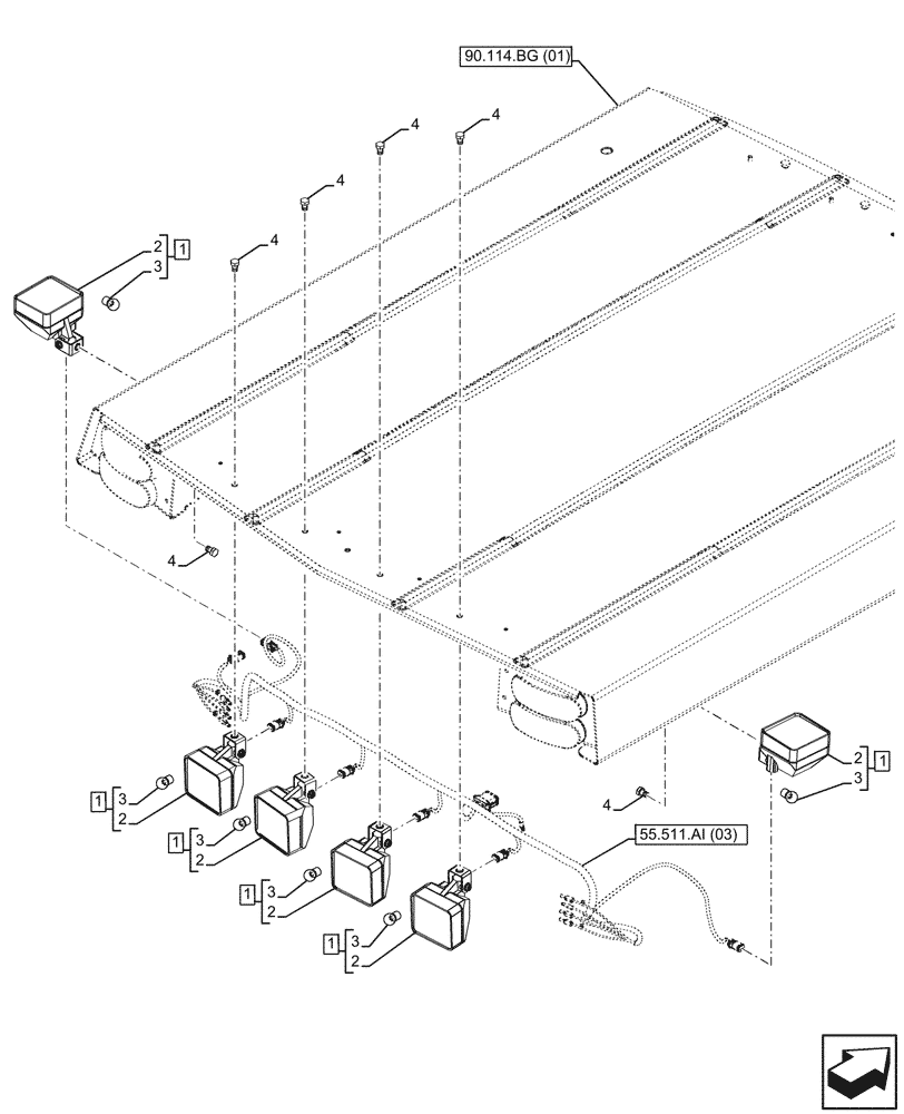 Схема запчастей Case 580SN WT - (55.404.BS[02]) - VAR - 423000, 442082 - CANOPY, WORK LIGHT, REAR (55) - ELECTRICAL SYSTEMS