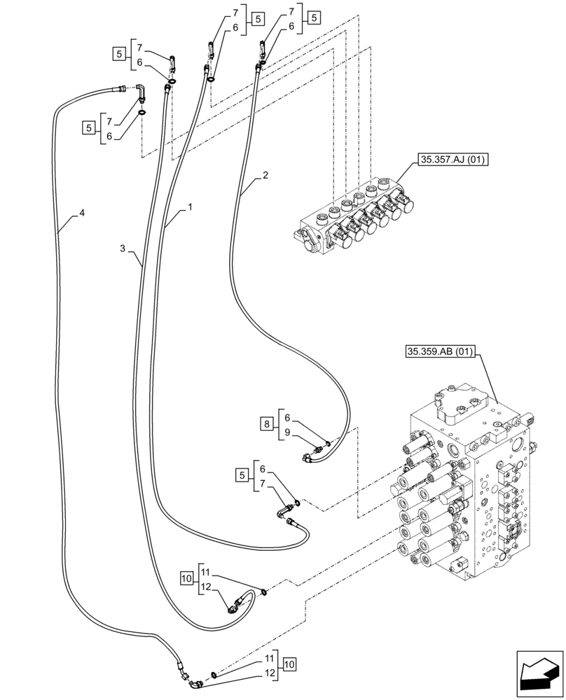 Схема запчастей Case CX210D NLC - (35.357.AO[05]) - MAIN, SOLENOID VALVE, PRESSURE PIPE (35) - HYDRAULIC SYSTEMS