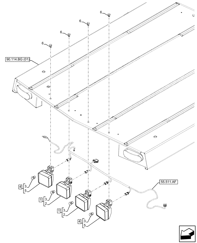 Схема запчастей Case 580SN WT - (55.404.BS[01]) - VAR - 423000, 442082 - CANOPY, WORK LIGHT, FRONT (55) - ELECTRICAL SYSTEMS