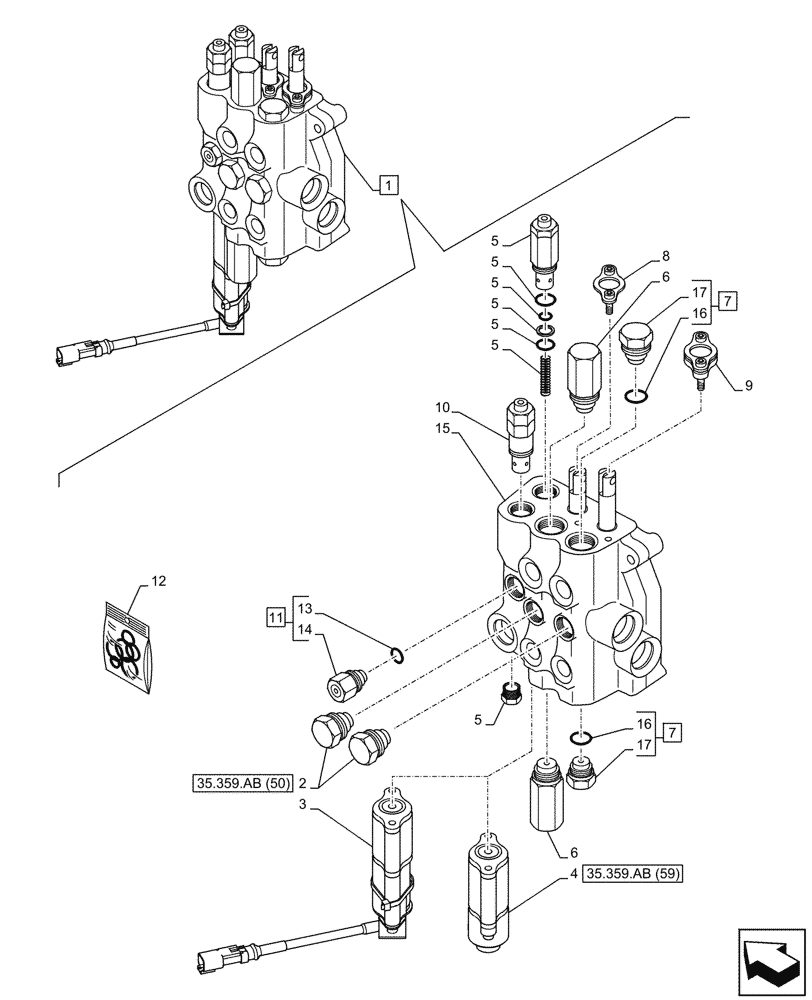 Схема запчастей Case 590SN - (35.359.AB[35]) - LOADER, CONTROL VALVE, MECHANICAL, 2-SPOOL, COMPONENTS (35) - HYDRAULIC SYSTEMS