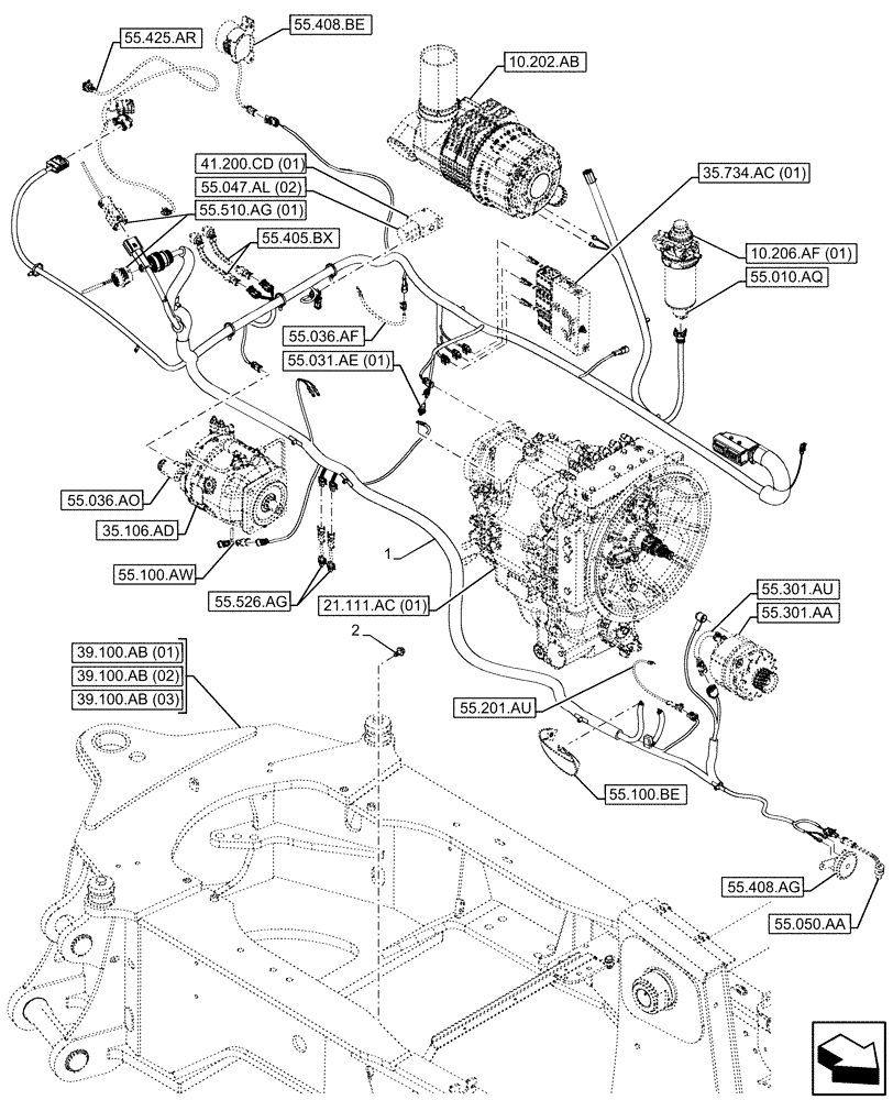 Схема запчастей Case 580SN - (55.101.AC[02]) - VAR - 423060, 423061, 423062 - FRAME, WIRE HARNESS (55) - ELECTRICAL SYSTEMS