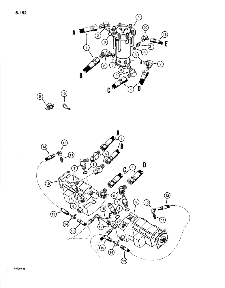 Схема запчастей Case 1080B - (6-152) - TRACK DRIVE HYDRAULIC LINES - LOWER, PRIOR TO P.I.N. 6271846 (06) - POWER TRAIN