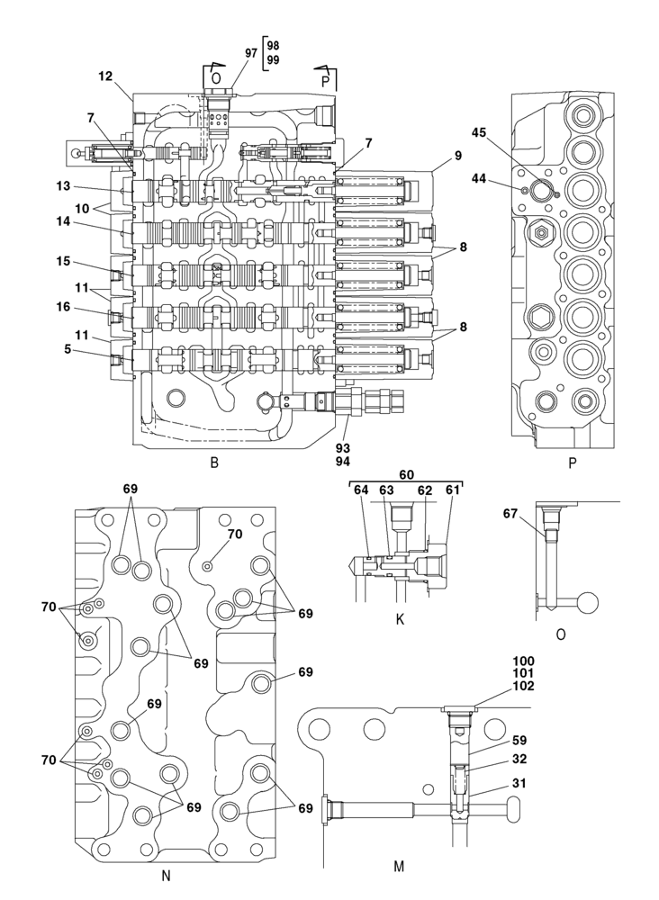 Схема запчастей Case CX240 - (08-102) - CONTROL VALVE, COMPONENTS (08) - HYDRAULICS