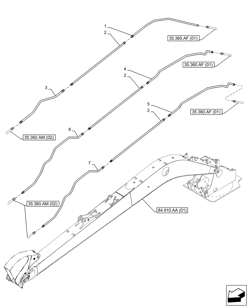 Схема запчастей Case CX210D LC LR - (35.360.AM[01]) - VAR - 461863, 461557 - BOOM, LINE, CLAMSHELL BUCKET, ROTATION (35) - HYDRAULIC SYSTEMS