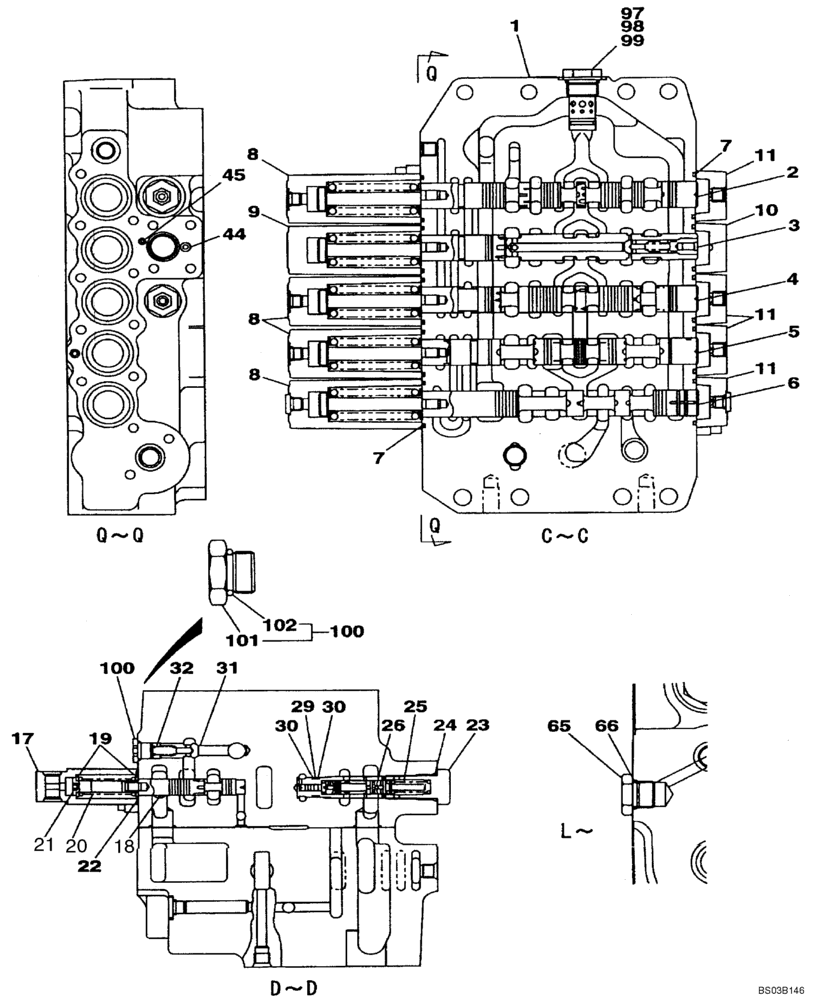 Схема запчастей Case CX240LR - (08-103) - CONTROL VALVE, COMPONENTS (08) - HYDRAULICS